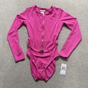 Michael Kors Size 8 Ultra‎ Pink Stretch Front Zip Bodysuit With Gold Accents NWT